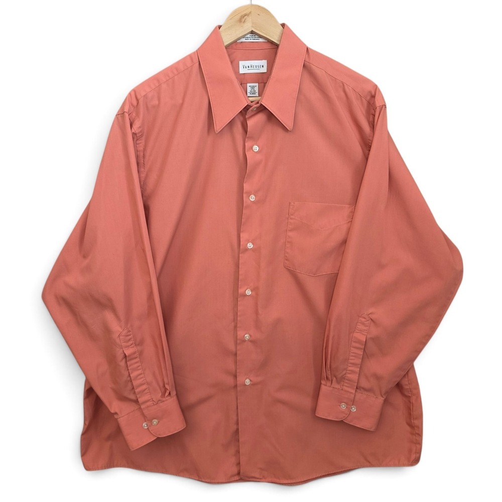 Van Heusen Dress Shirt Mens 17.5 32/33 XL Coral Button Up Poplin Wrinkle Free